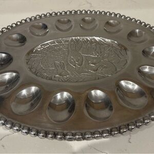 Oval Rabbit Deviled Egg Silver Tone Metal Platter Tray Beaded Trim